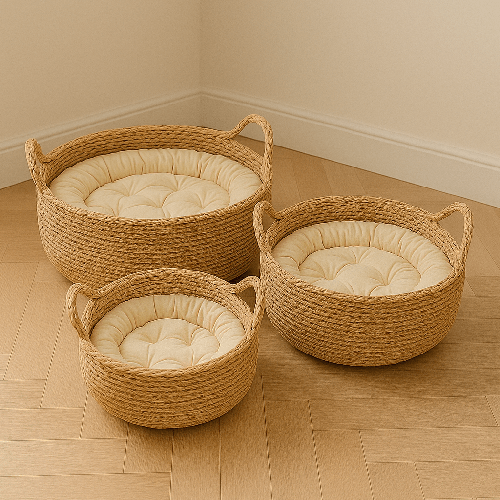 3 tailles panier chat osier avec oreilles chat et coussin
