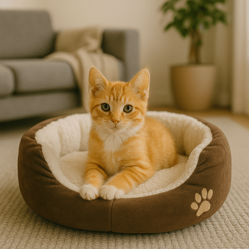 bebe chat dans chat panier rond doux brun motif patte