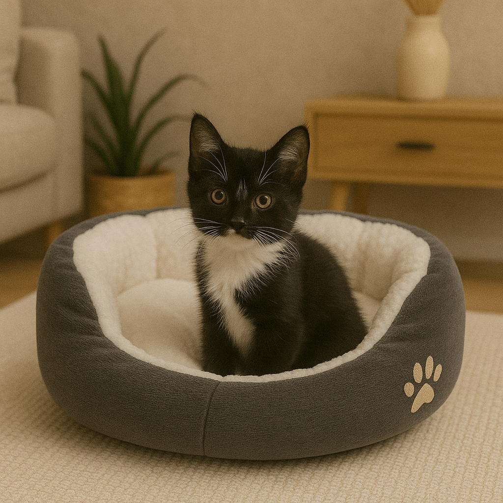 bebe chat dans chat panier rond doux gris motif patte
