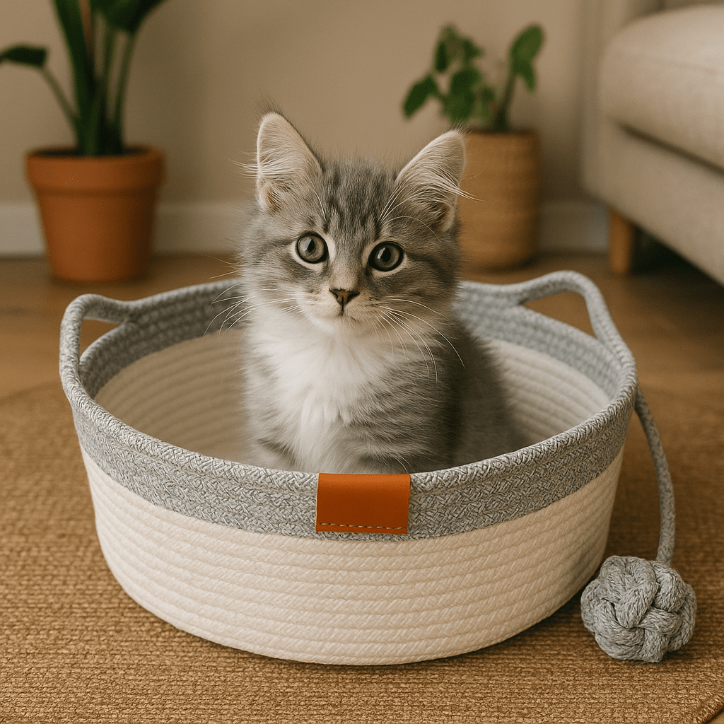 bebe chat dans panier chat osier oreilles chat rond gris avec balle