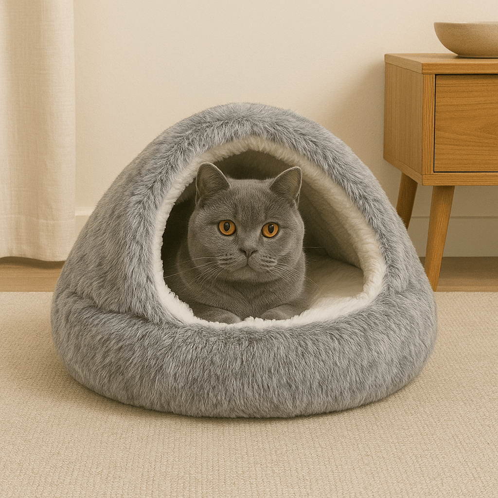 chat allonge dans grotte coussin chat rond gris peluche douce