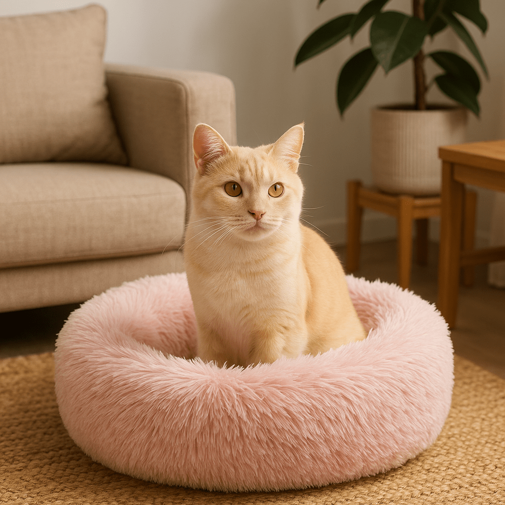 chat beige dans coussin chat peluche douce en rond beige