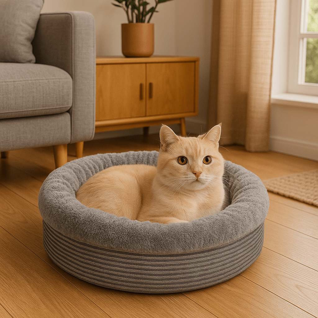 chat beige dans coussin pour chat rond douillet doux gris