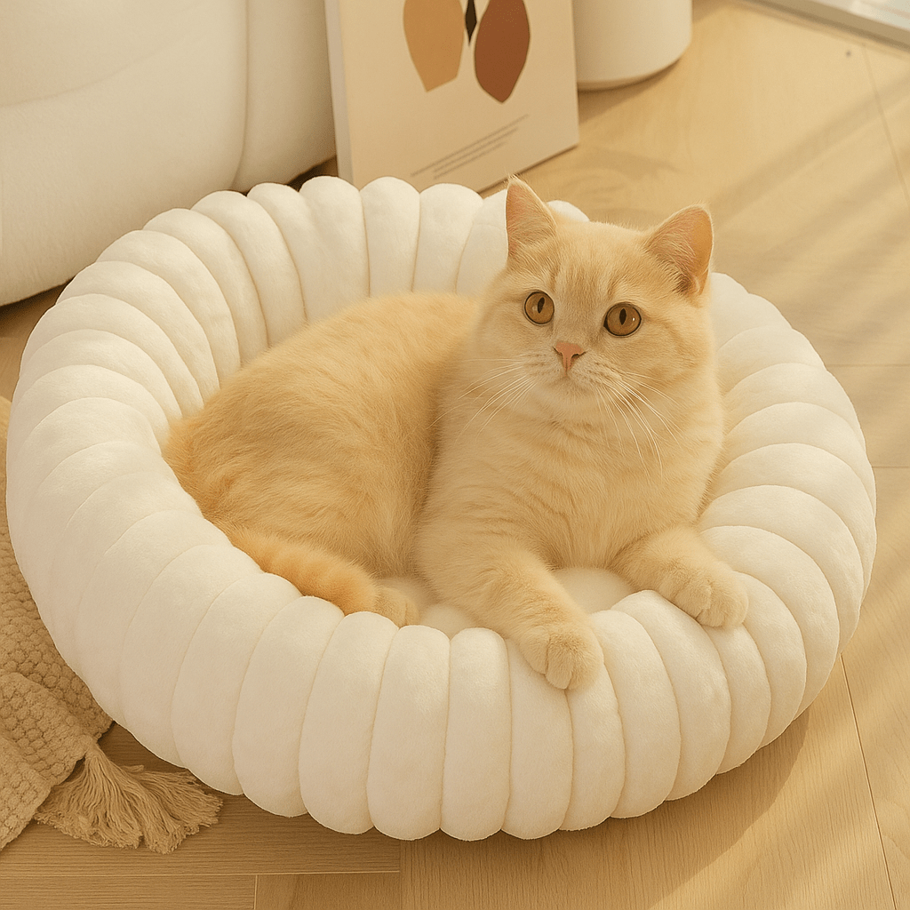 chat beige dans coussin pour chat rond doux chaud blanc