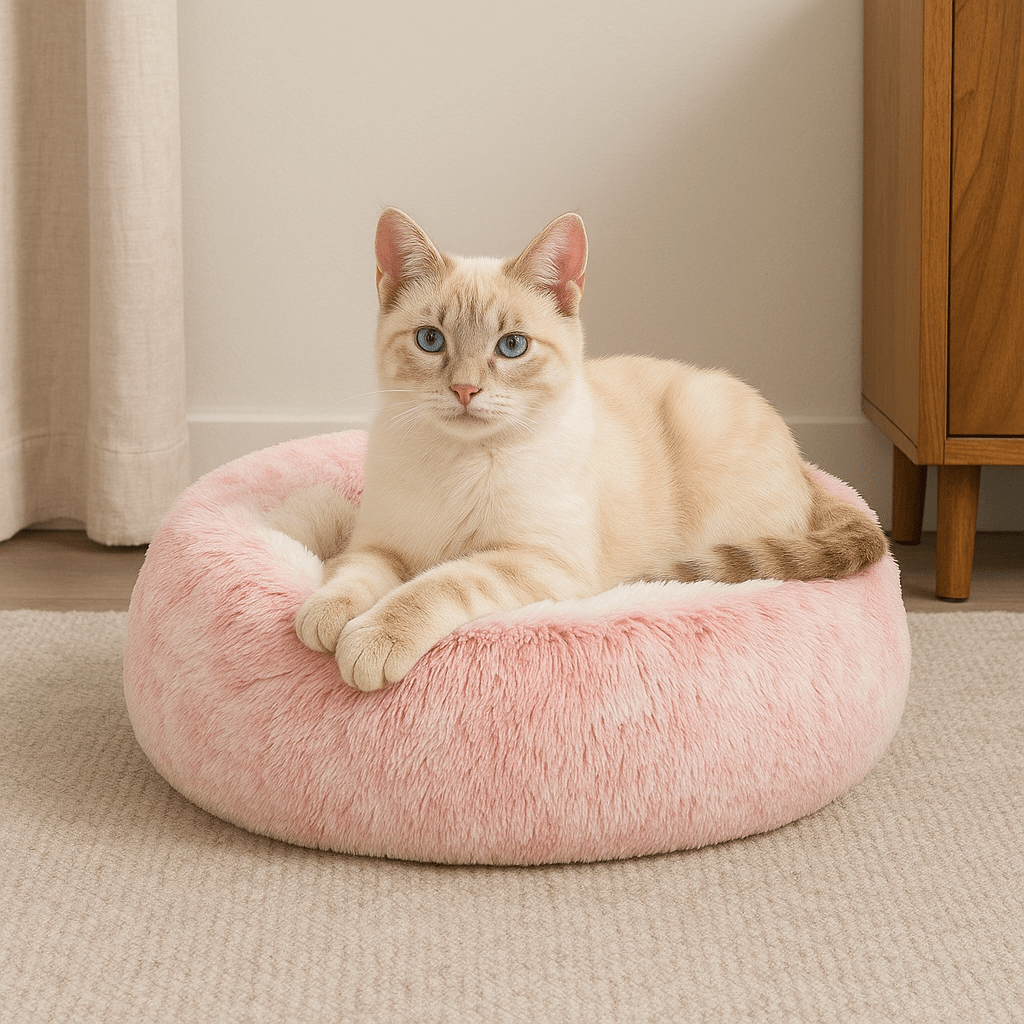 chat beige sur grotte coussin chat rond rose peluche douce