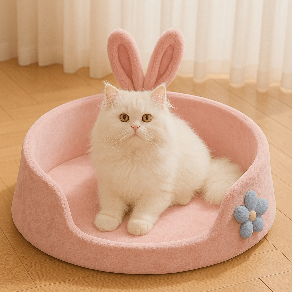 chat blanc dans chat panier rose rond doux fleur oreille lapin