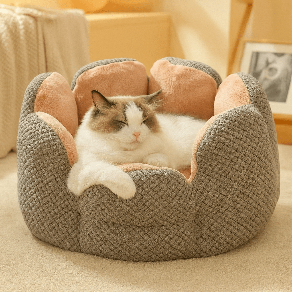 chat blanc dans coussin chat forme fleur ronde confortable gris