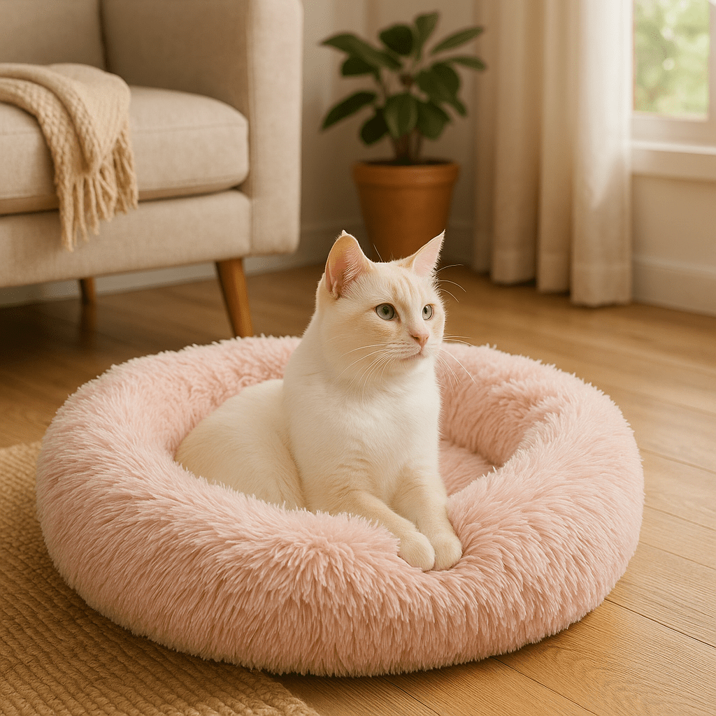 chat blanc dans coussin chat peluche douce en rond beige