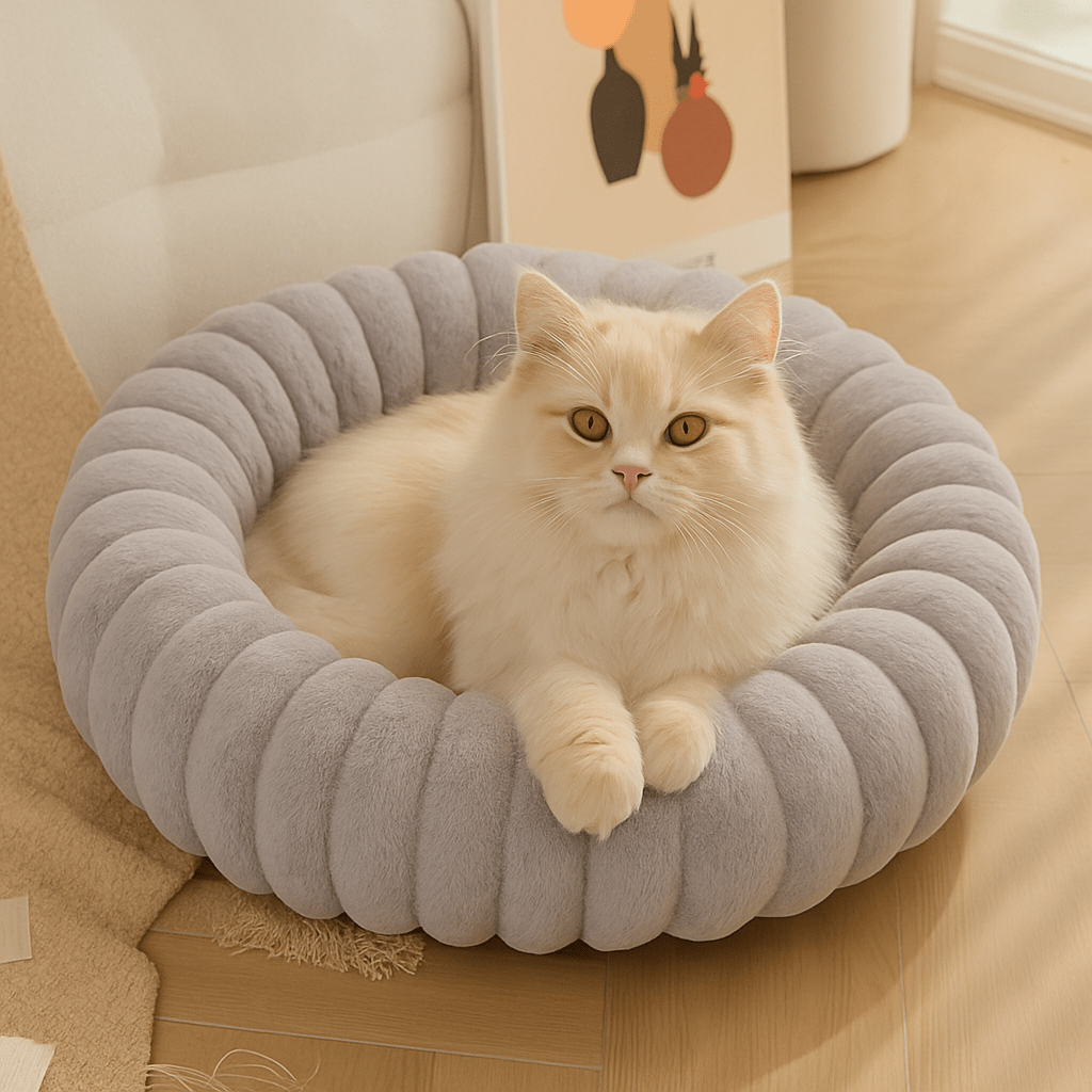 chat blanc dans coussin pour chat rond doux chaud gris