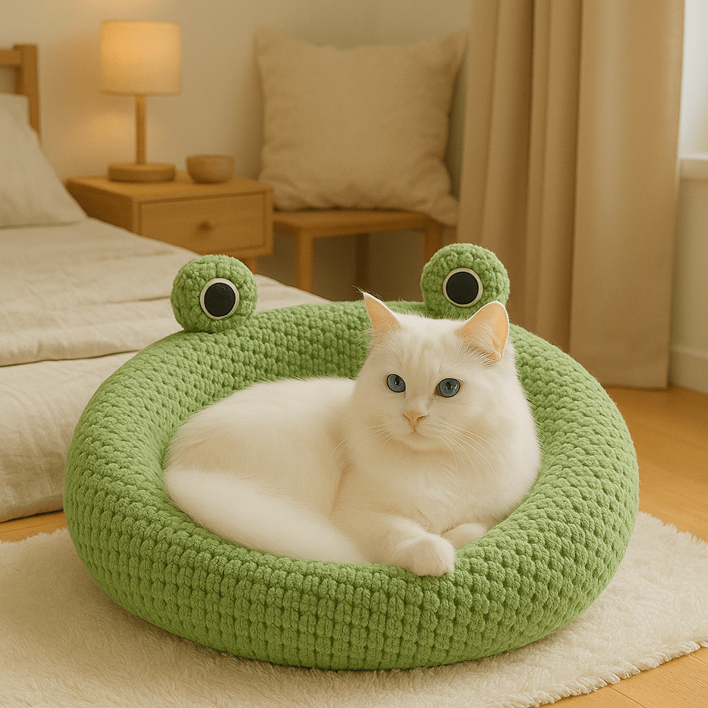 chat blanc dans coussin pour chat rond grenouille verte moelleux