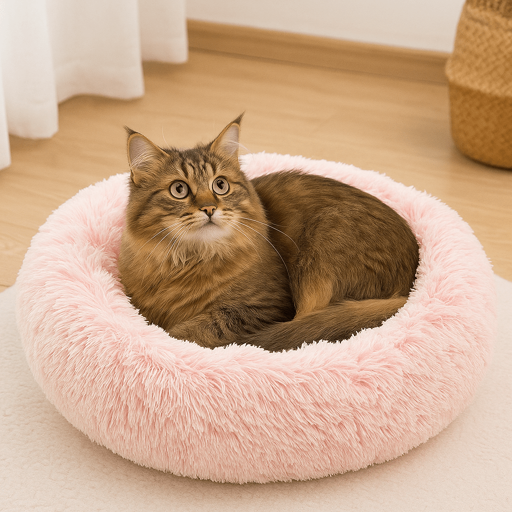 chat brun sur grotte coussin chat rond rose peluche douce