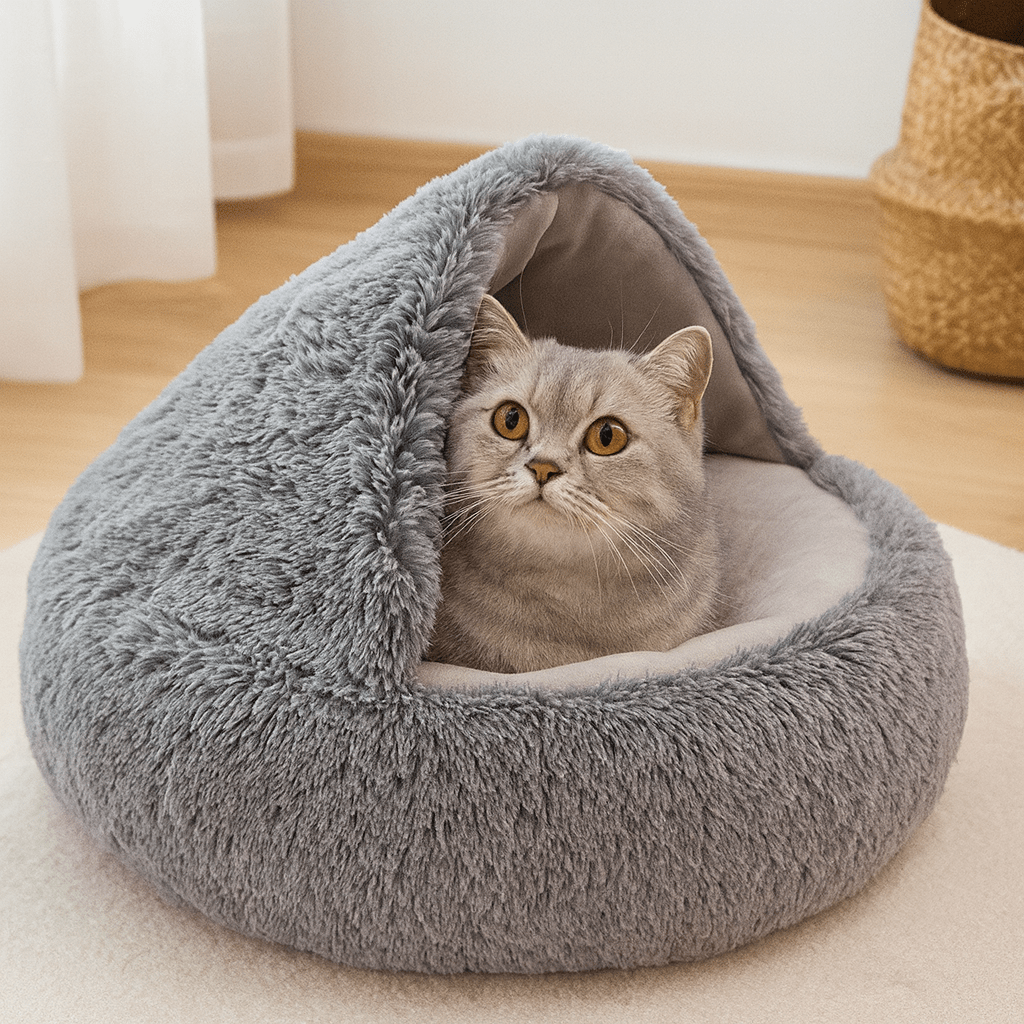 chat couche dans grotte coussin chat rond gris peluche douce