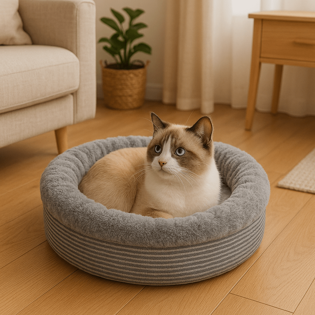 chat dans coussin pour chat rond douillet doux gris