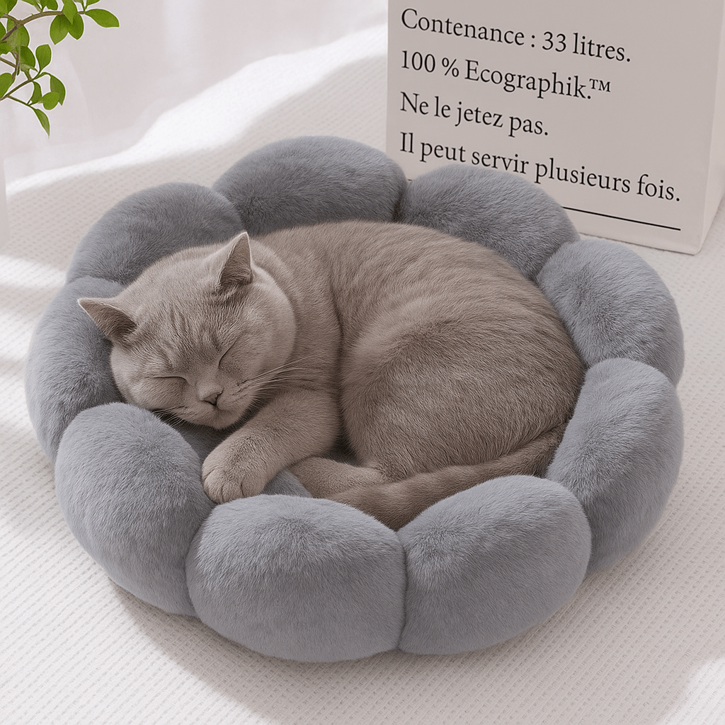chat endormi dans coussin chat fleur doux rond gris