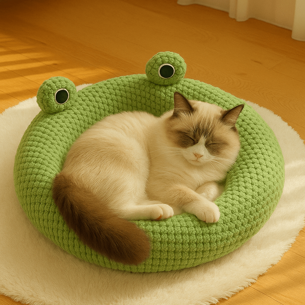 chat endormi dans coussin pour chat rond grenouille verte moelleux