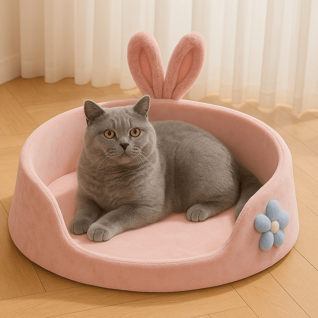 chat gris dans chat panier rose rond doux fleur oreille lapin