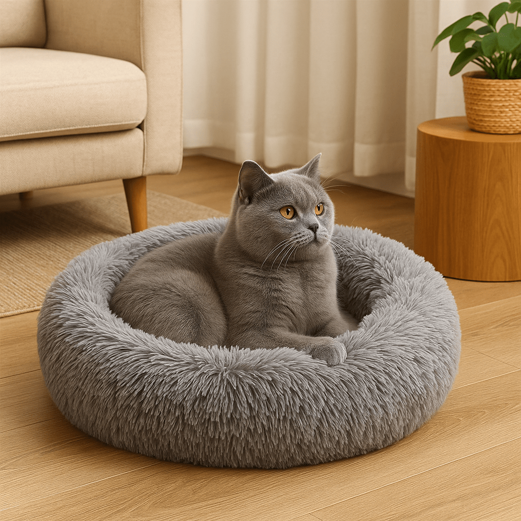 chat gris dans coussin chat peluche douce en rond gris
