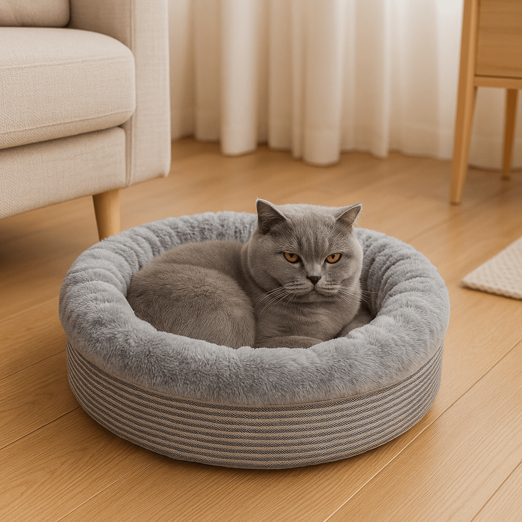 chat gris dans coussin pour chat rond douillet doux gris