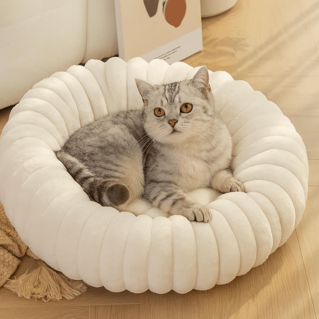 chat gris dans coussin pour chat rond doux chaud blanc