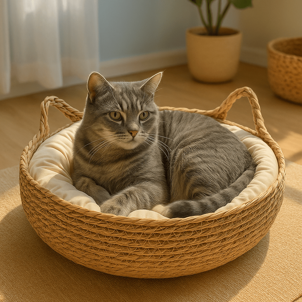 chat gris dans panier chat osier avec oreilles chat et coussin