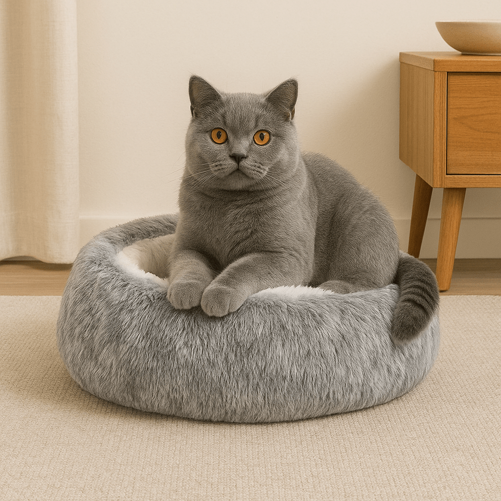 chat gris sur grotte coussin chat rond gris peluche douce