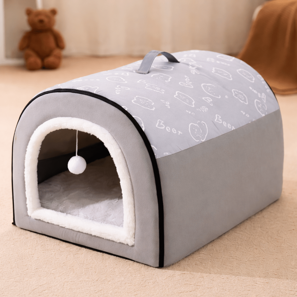 chat niche portative grise confortable avec balle