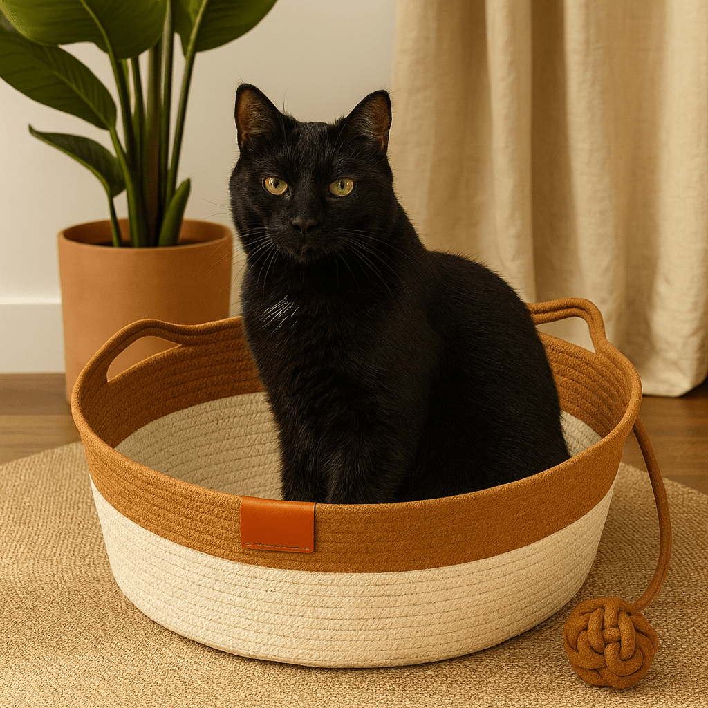 chat noir dans panier chat osier oreilles chat rond marron avec balle