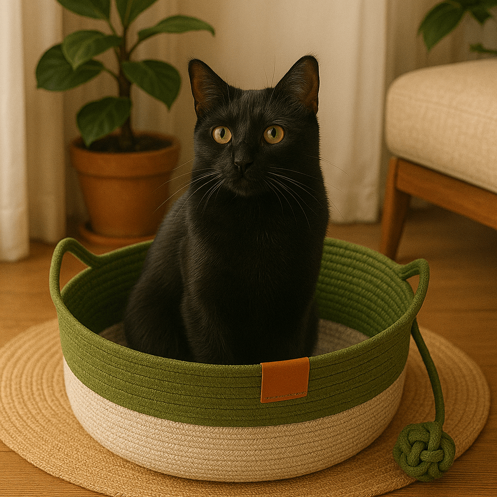 chat noir dans panier chat osier oreilles chat rond vert avec balle