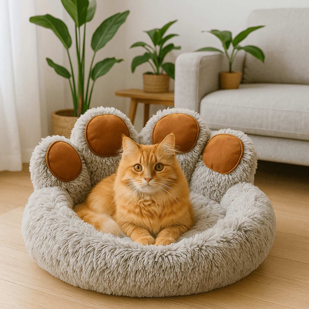 chat orange dans coussin chat forme patte ours doux brun