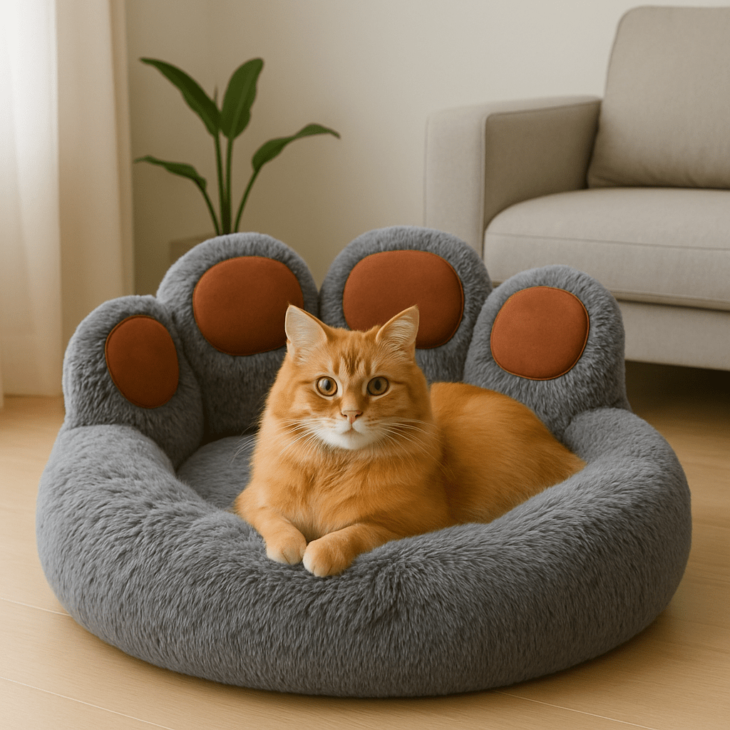 chat orange dans coussin chat forme patte ours doux gris