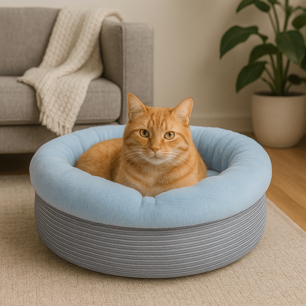 chat orange dans coussin pour chat rond douillet doux bleu