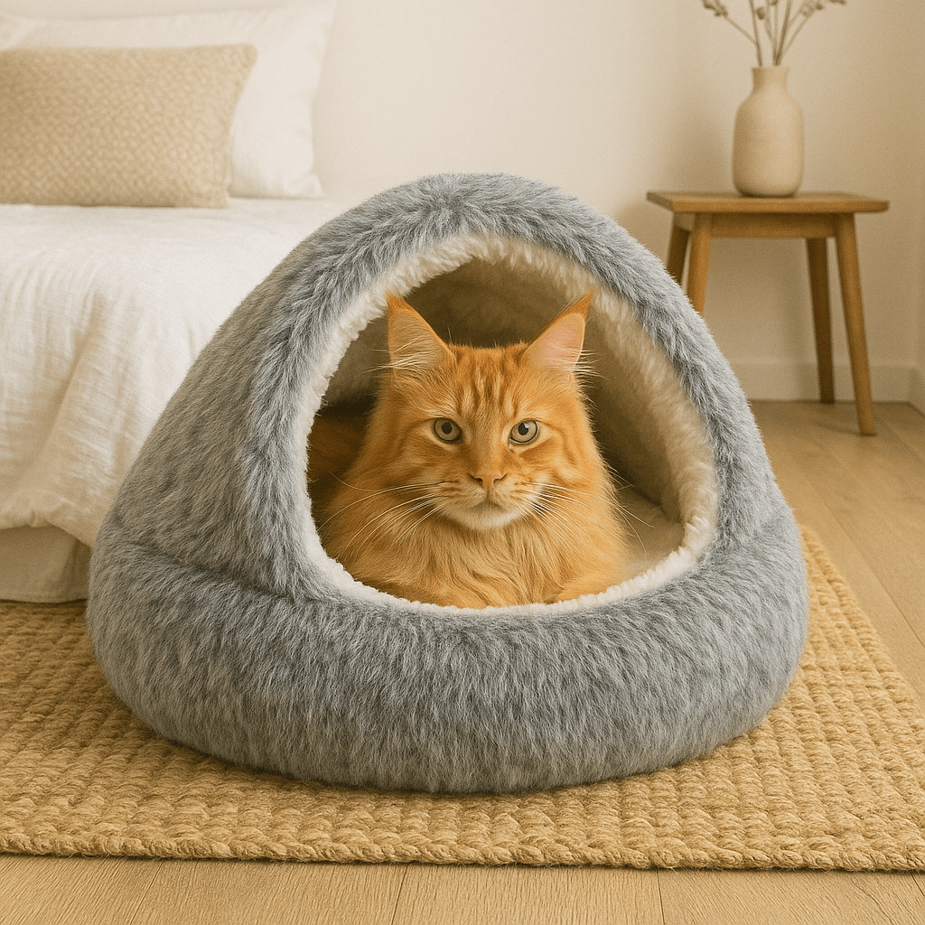 chat orange dans grotte coussin chat rond gris peluche douce