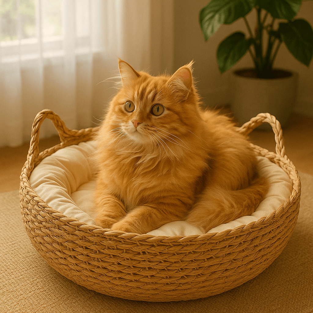 chat orange dans panier chat osier avec oreilles chat et coussin