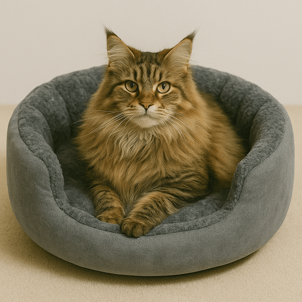chat panier gris rond doux avec chat maine coon allonge