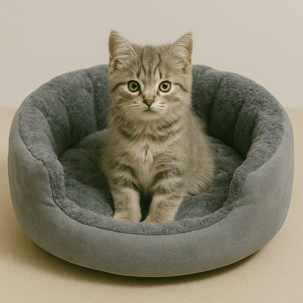 chat panier gris rond doux avec chaton gris assis