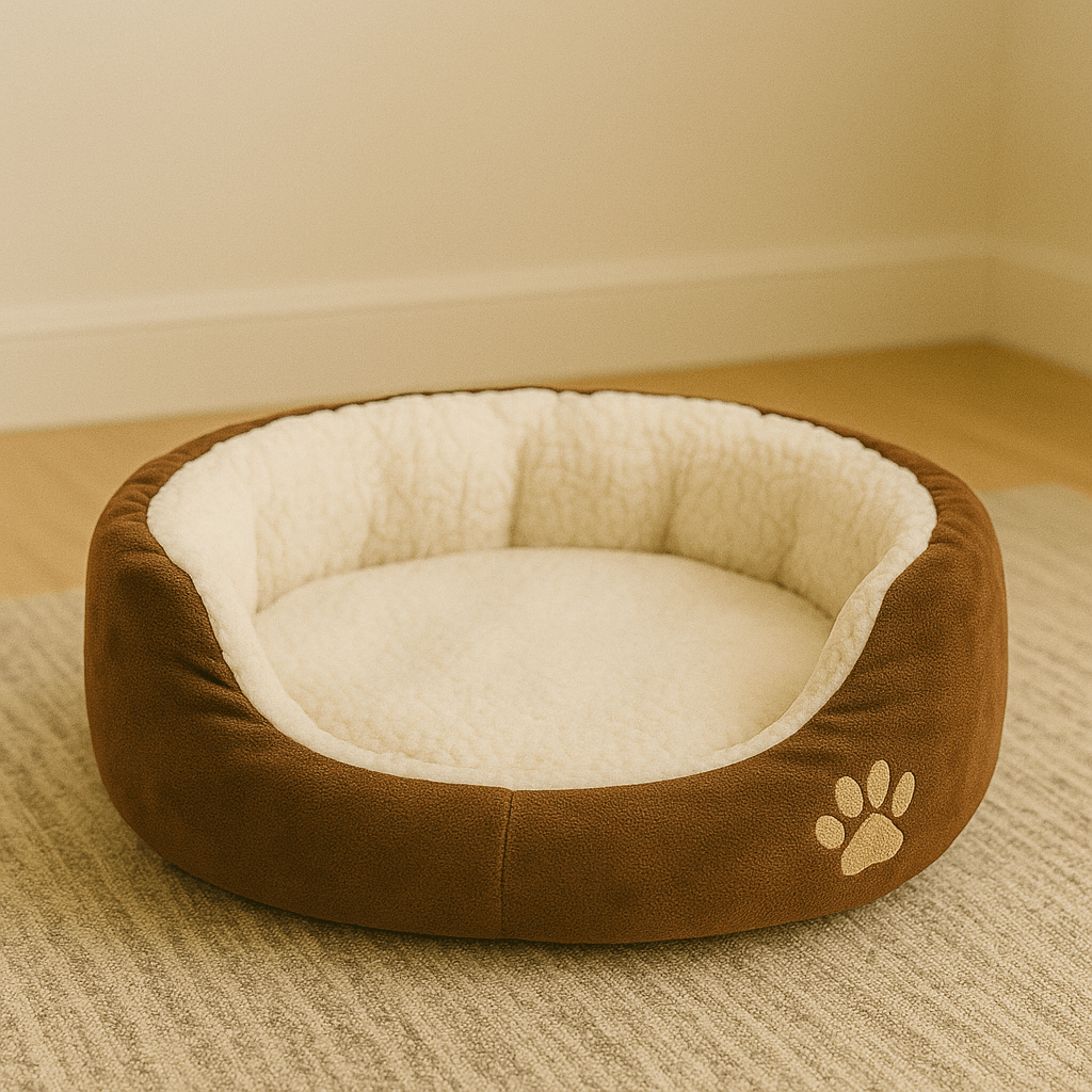 chat panier rond doux brun motif patte
