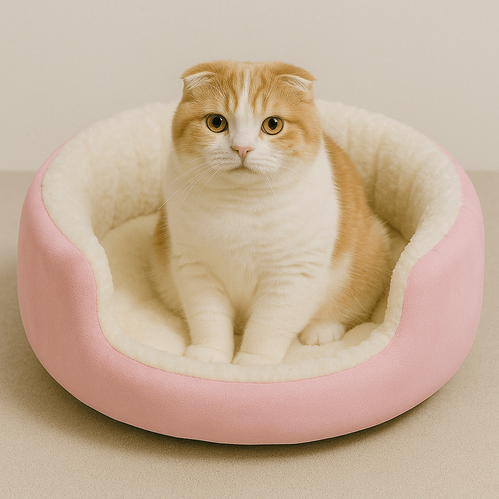chat panier rose rond doux avec chat assis