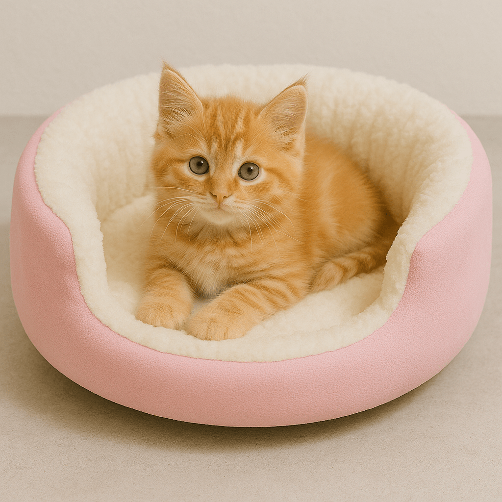 chat panier rose rond doux avec chaton orange couche