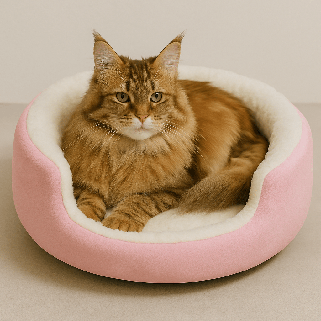 chat panier rose rond doux avec maine coon couche