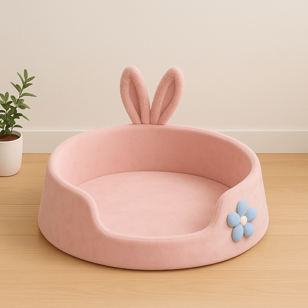 chat panier rose rond doux fleur oreille lapin plante derriere