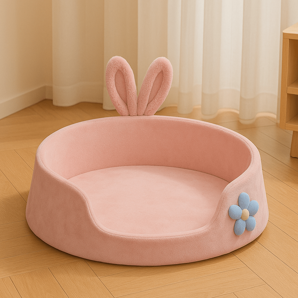 chat panier rose rond doux fleur oreille lapin rideaux derriere