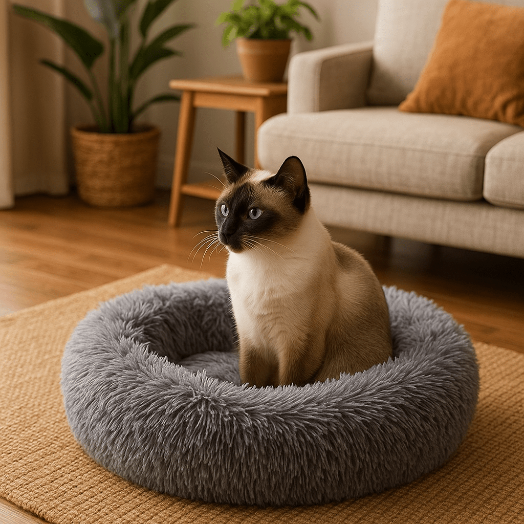 chat siamois dans coussin chat peluche douce en rond gris