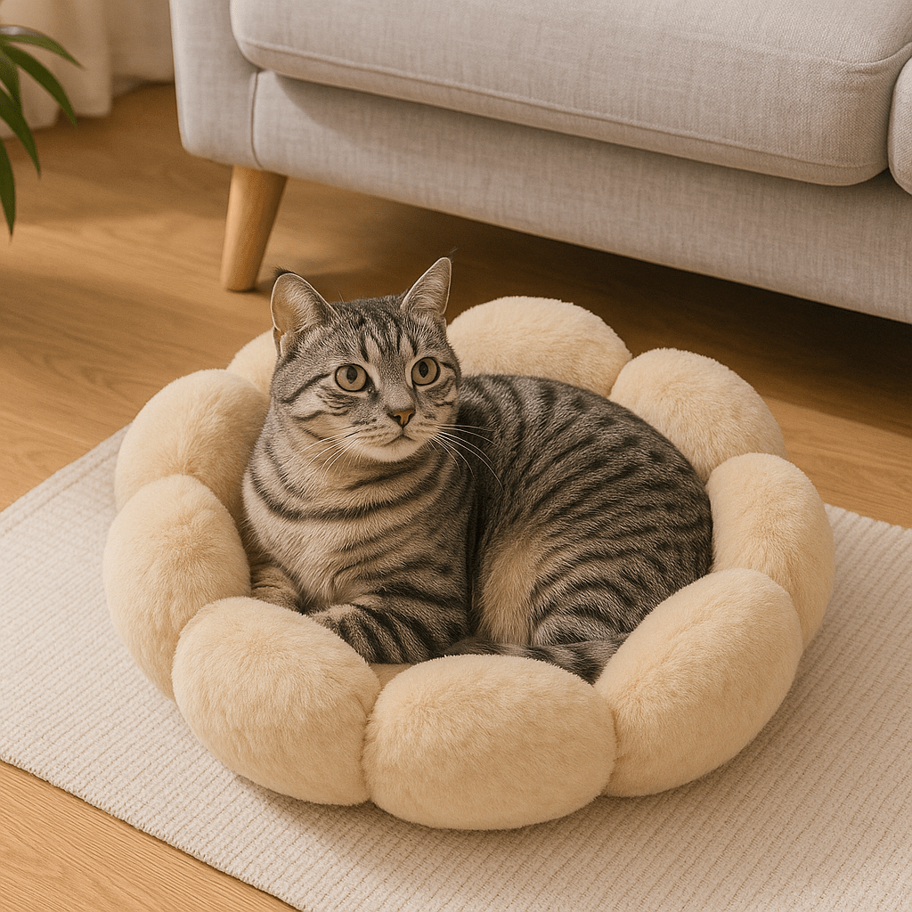 chat tigre dans coussin chat fleur doux rond beige