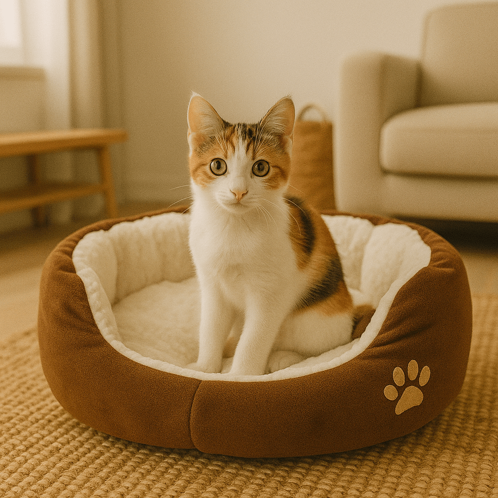 chaton assis dans chat panier rond doux brun motif patte