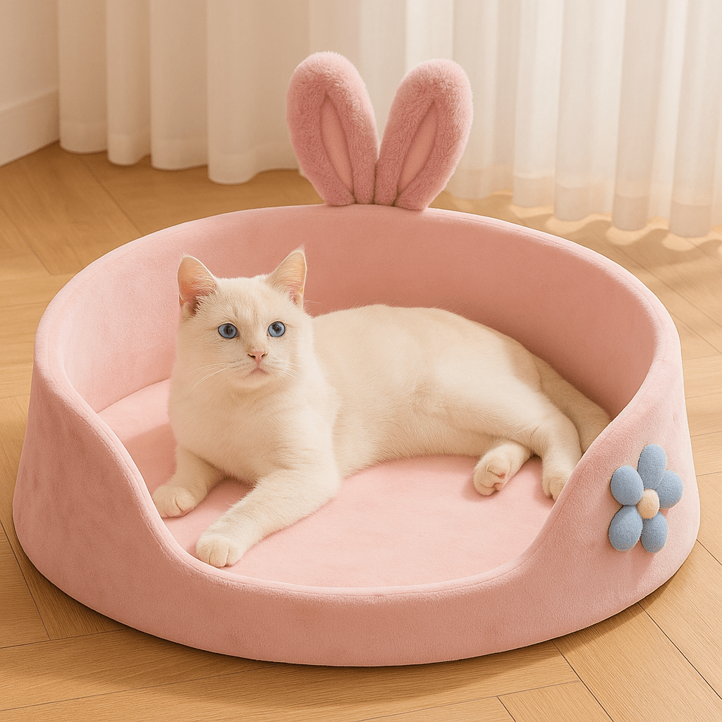 chaton blanc dans chat panier rose rond doux fleur oreille lapin