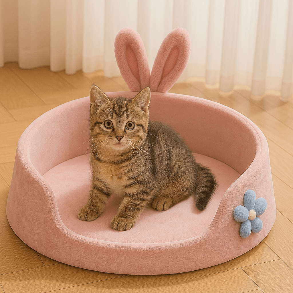 chaton dans chat panier rose rond doux fleur oreille lapin