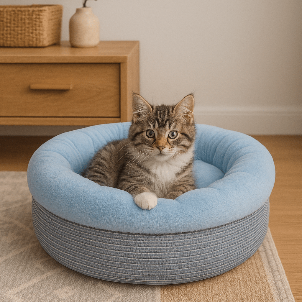 chaton dans coussin pour chat rond douillet doux bleu