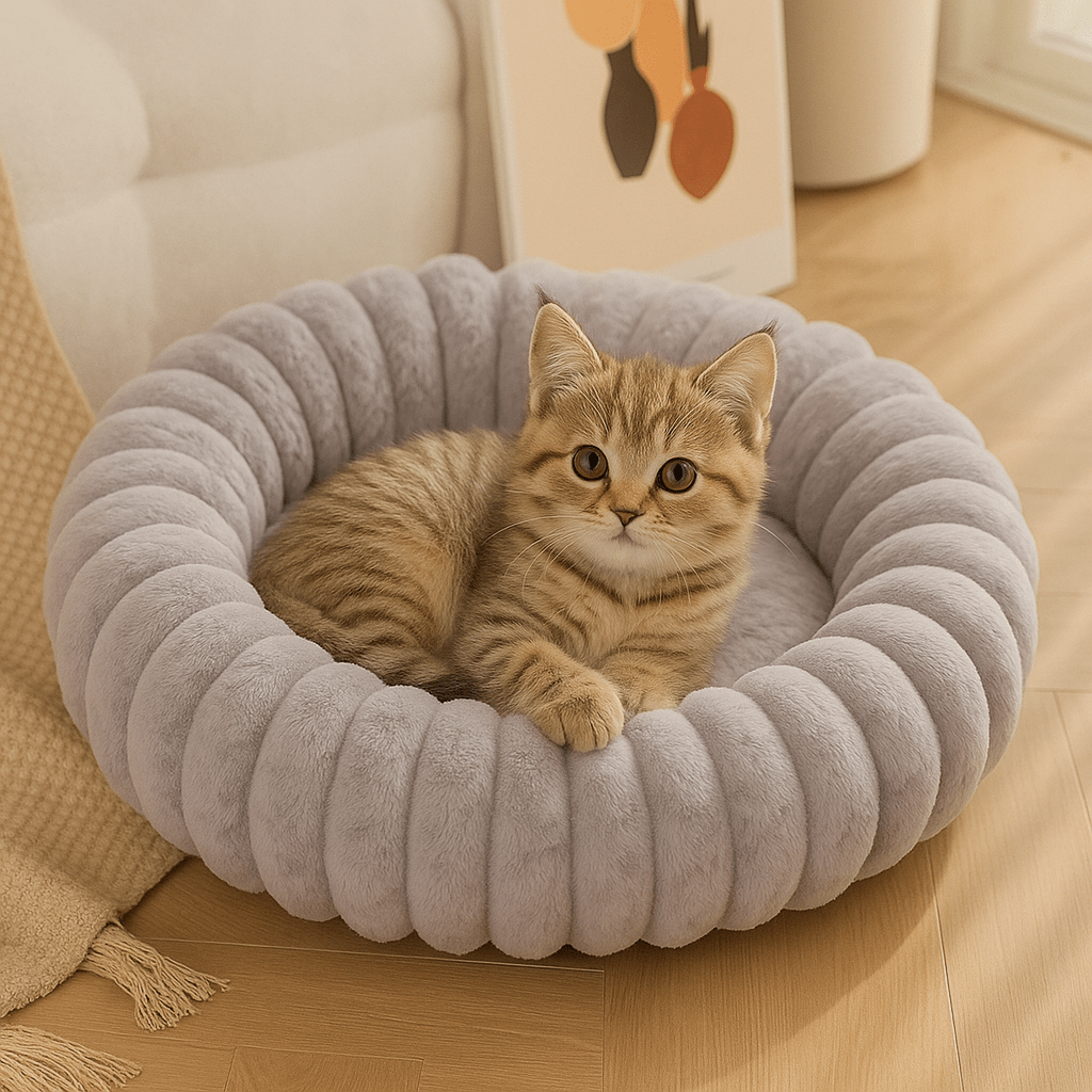 chaton dans coussin pour chat rond doux chaud gris