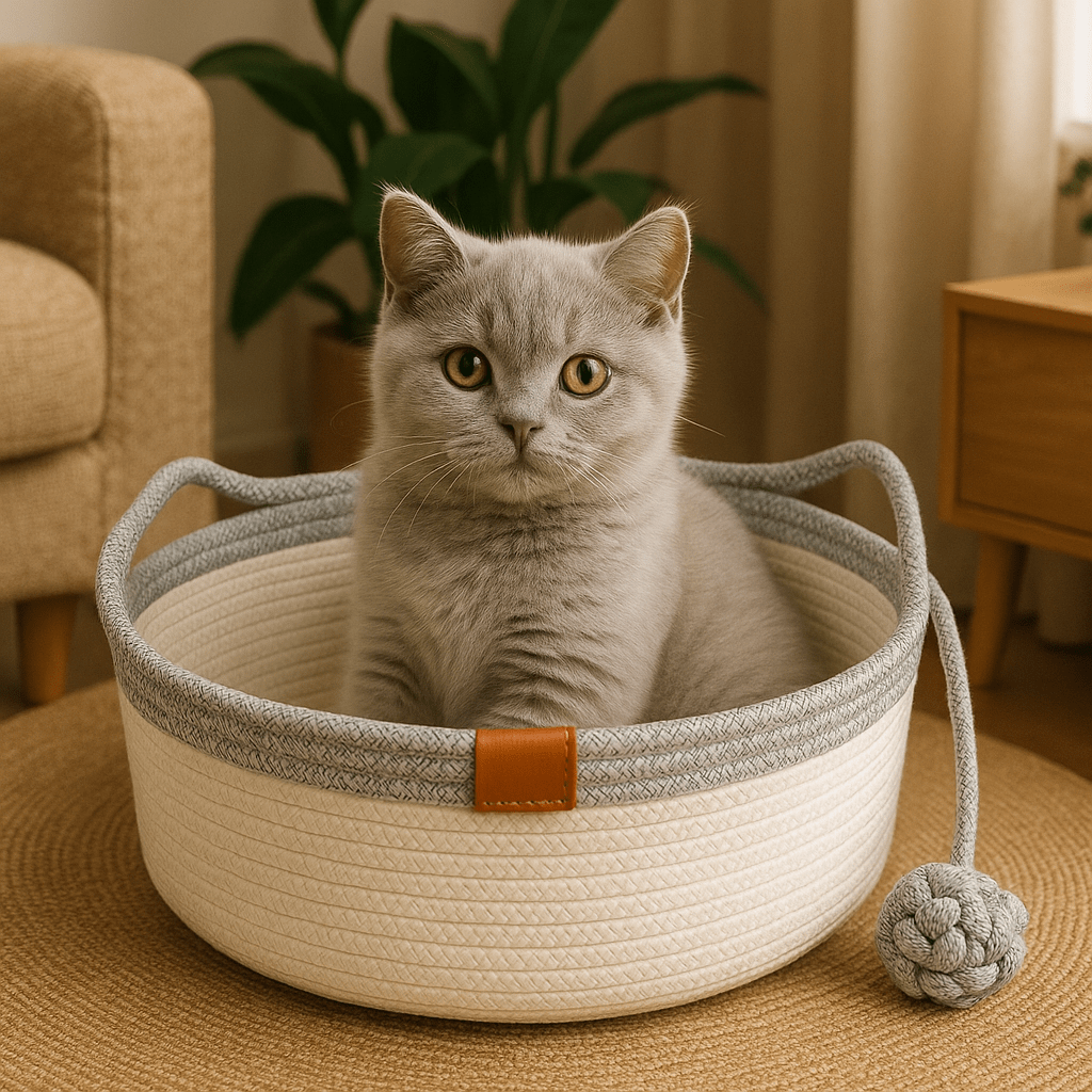 chaton dans panier chat osier oreilles chat rond gris avec balle