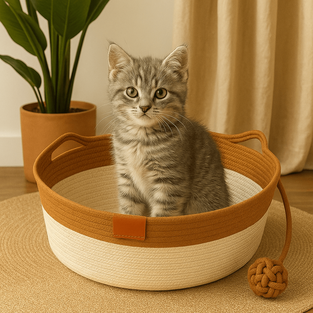 chaton dans panier chat osier oreilles chat rond marron avec balle